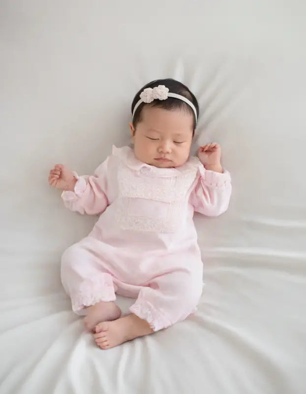 Kız Bebek Yakalı Ve Fisto Detaylı Ayaklı Tulum - Pembe Renk - Fistolu - Yaka Kısmı Fırfırlı - Ayaklı -2-6 Ay - Bebek