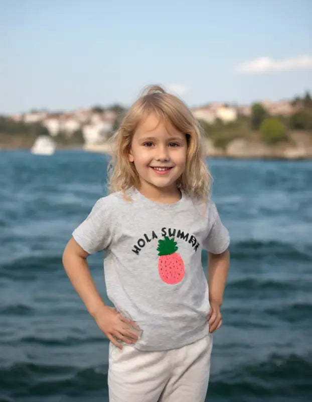 Kız Çocuk Ananas Baskılı Hola Summer Yazılı Gri Renk Tişört - 3-4-5-6-7 Yaş - Kız Çocuk Giyim/Kız Çocuk Tişört