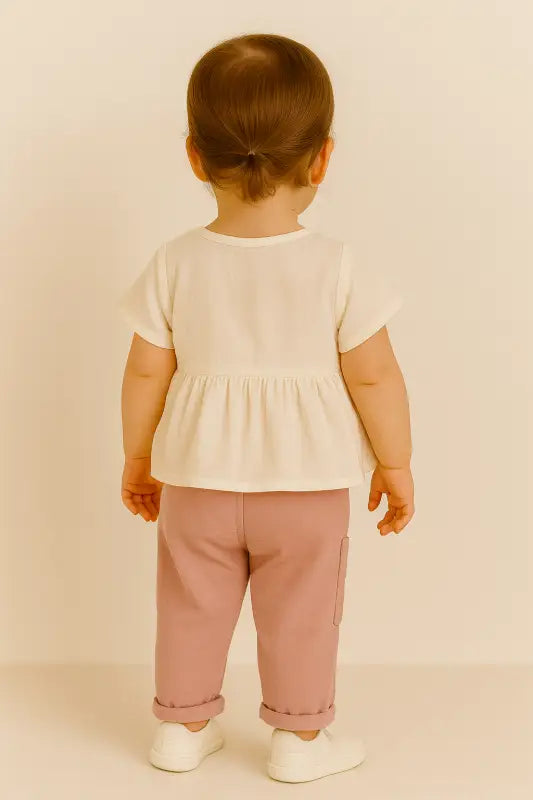 Kız Çocuk Çiçek Nakışlı Müslin Kumaşlı Gömlek- Beli Lastikli- Yandan Cepli Uzun Bol Paça Pantolunlu Takım - Kız Çocuk