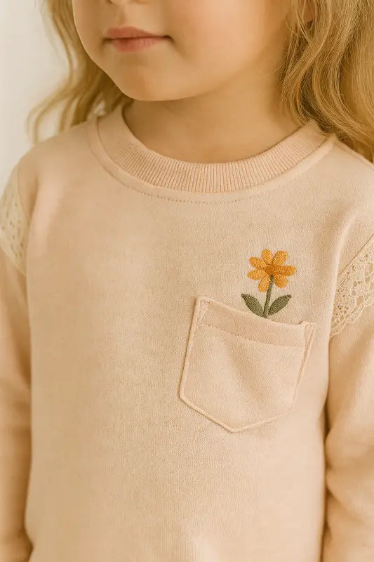 Kız Çocuk Dantelli Çiçek Nakışlı Somon Sweatshirt & Fitilli Kiremit Pantolon Takım | % 100 Pamuk Rahat Kesim 3-5 Yaş