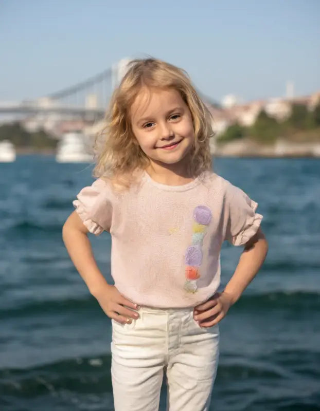 Kız Çocuk Dondurma Baskılı Waflle Kumaş Kolları Fırfırlı Somon Renk Tişört1-2-3-4 Yaş - Kız Çocuk Giyim/Kız Çocuk Tişört
