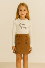 Kız Çocuk “Good Energy” Krem Ribana Kazak & Düğme Detaylı Süet Etek Takımı | 5-7 Yaş Baharlık Şık Kombin - Kız Çocuk