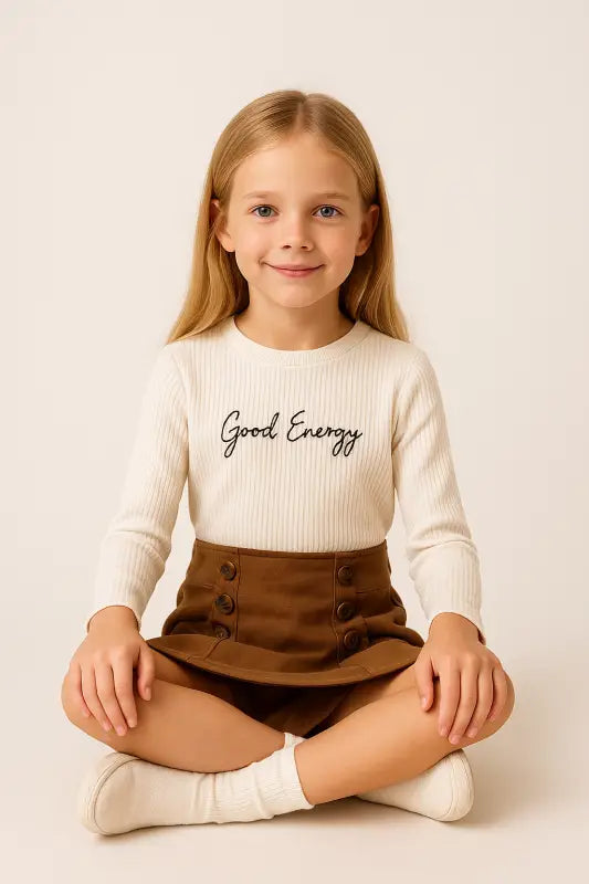 Kız Çocuk “Good Energy” Krem Ribana Kazak & Düğme Detaylı Süet Etek Takımı | 5-7 Yaş Baharlık Şık Kombin - Kız Çocuk