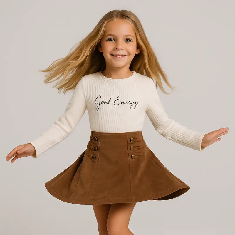 Kız Çocuk “Good Energy” Krem Ribana Kazak & Düğme Detaylı Süet Etek Takımı | 5-7 Yaş Baharlık Şık Kombin - Kız Çocuk