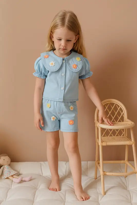 Kız Çocuk Kot Şortlu - Papatyalı - Kısa Kol Gömlekli Takım - Kız Çocuk Giyim/Kız Çocuk Takım