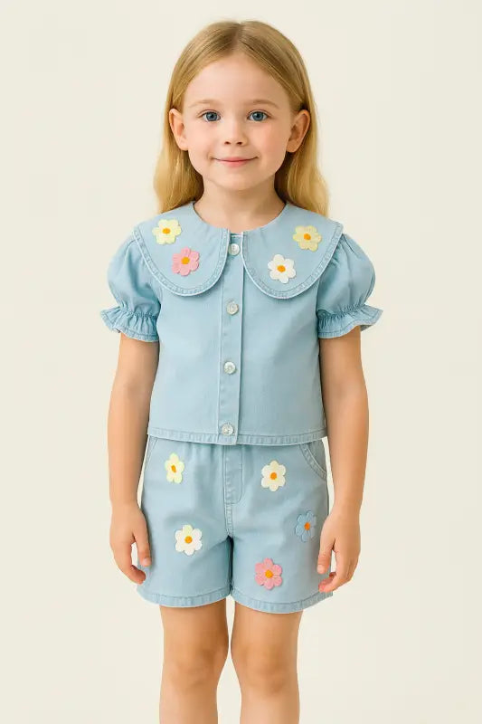 Kız Çocuk Kot Şortlu - Papatyalı - Kısa Kol Gömlekli Takım - Kız Çocuk Giyim/Kız Çocuk Takım