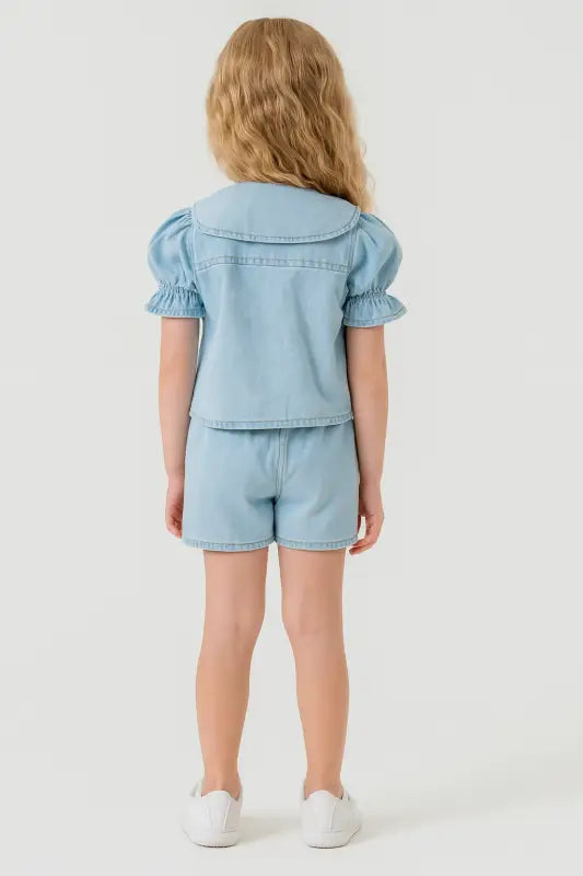 Kız Çocuk Kot Şortlu - Papatyalı - Kısa Kol Gömlekli Takım - Kız Çocuk Giyim/Kız Çocuk Takım