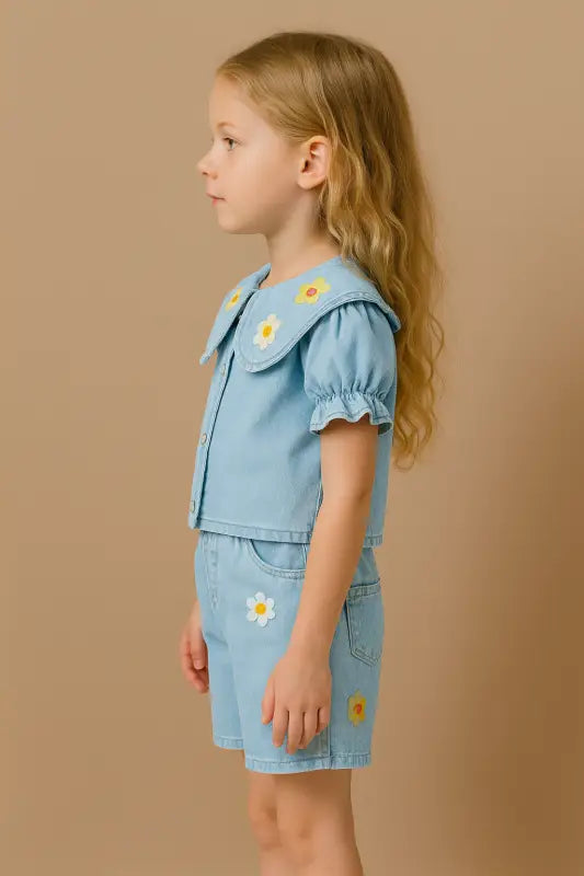 Kız Çocuk Kot Şortlu - Papatyalı - Kısa Kol Gömlekli Takım - Kız Çocuk Giyim/Kız Çocuk Takım