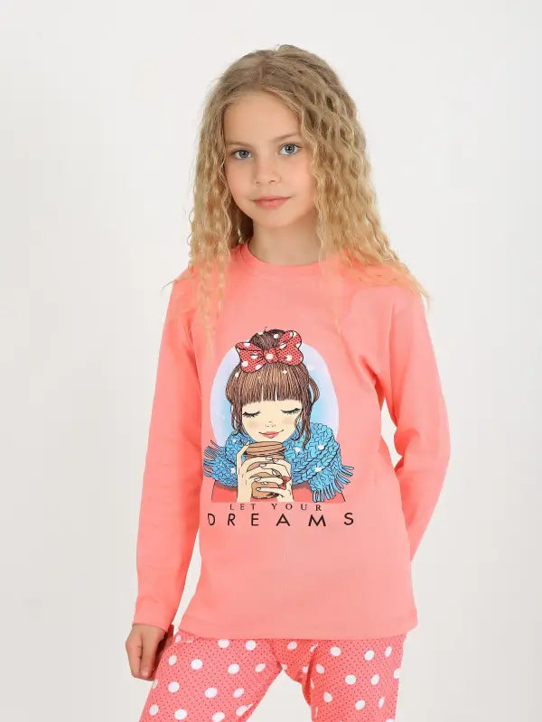 Kız Çocuk Let Your Dreams Baskılı Puantiyeli Somon Renk Pijama Tk. - Kız Çocuk Giyim/Kız Çocuk Pijama Takımları