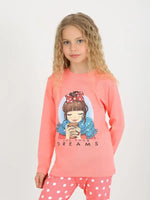 Kız Çocuk Let Your Dreams Baskılı Puantiyeli Somon Renk Pijama Tk. - Kız Çocuk Giyim/Kız Çocuk Pijama Takımları