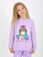 Kız Çocuk Let Your Dreams Fiyonklu Kız Baskılı Uzun Kol Pijama Takımı - Kız Çocuk Giyim/Kız Çocuk Pijama Takımları