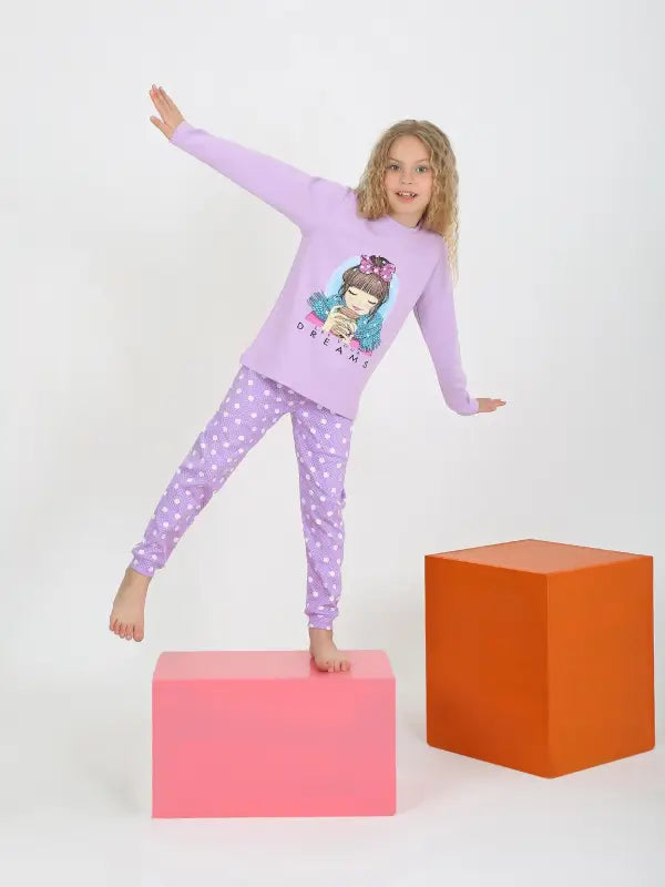 Kız Çocuk Let Your Dreams Fiyonklu Kız Baskılı Uzun Kol Pijama Takımı - Kız Çocuk Giyim/Kız Çocuk Pijama Takımları