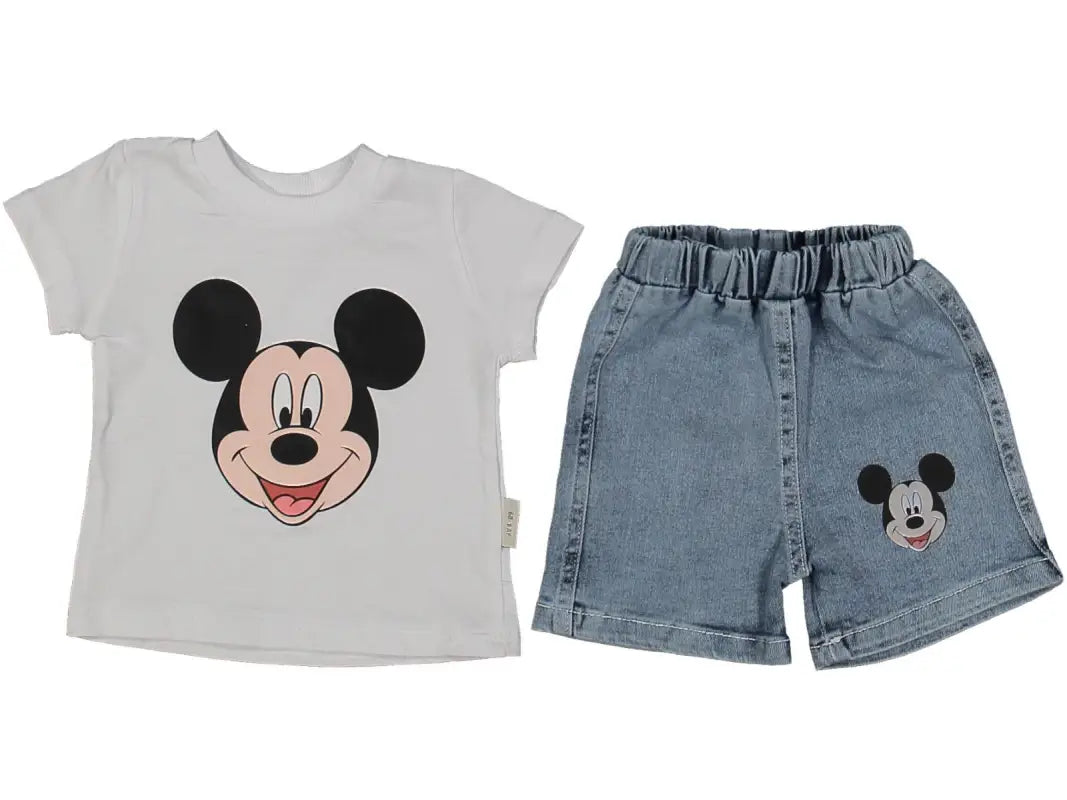 Kız Çocuk Mickey Baskılı Kısakollu Kot Şortlu 2Li Takım - Kız Çocuk Giyim/Kız Çocuk Takım
