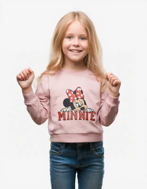 Kız Çocuk Minnie -Uzun Kollu- Bisiklet Yaka- Pembe Renk Sweatshirt - Kız Çocuk Giyim/Kız Çocuk Sweatshirt