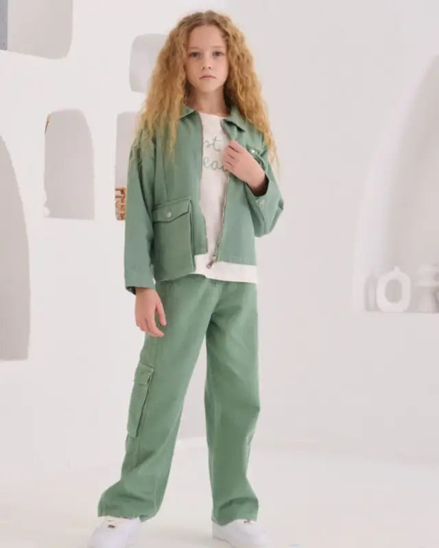 Kız Çocuk Nane Yeşili Fermuarlı Utility Takım – Cep Detaylı Ceket & Rahat Pantolon | 8-12 Yaş” - Kız Çocuk Giyim/Kız