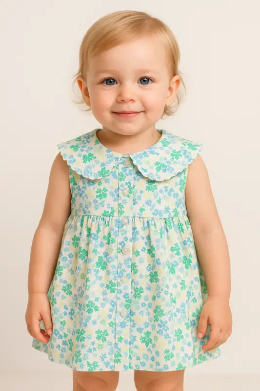 Kız Çocuk Önden Düğmeli - Sıfır Kol - Çiçekli Elbise - Kız Çocuk Giyim/Kız Çocuk Elbiseleri
