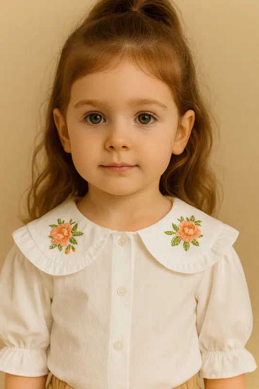 Kız Çocuk Önden Düğneli - Yaka Kısmı Çiçek Nakışlı - Kısa Kollu Gömlekli- Bel Kısmı Bağçıklı- Lastikli - Şortlu Takım