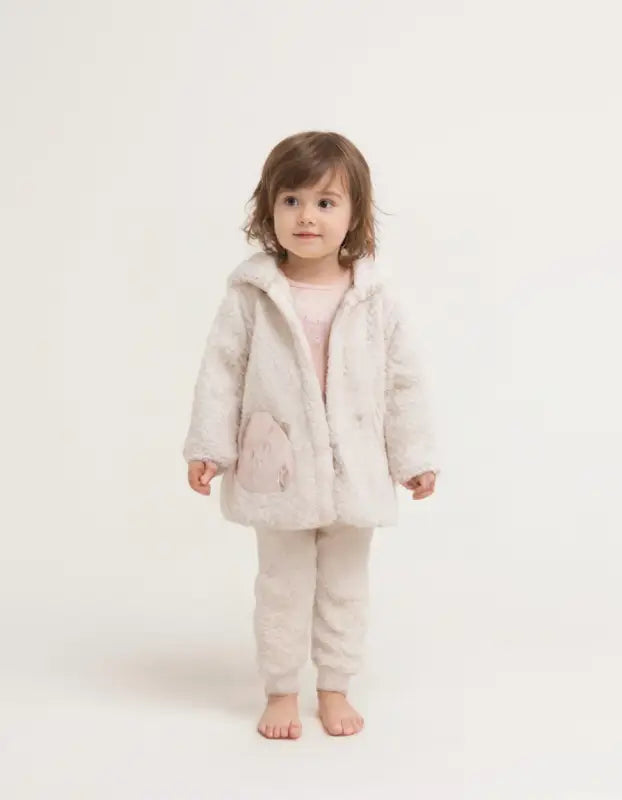 Kız Çocuk Peluş Yandan Düğmeli Kapşonlu Kanguru Cepli Kedi Baskılı 3Lü Takım - Bebek Giyim/Kız Bebek Giyim/Kız Bebek