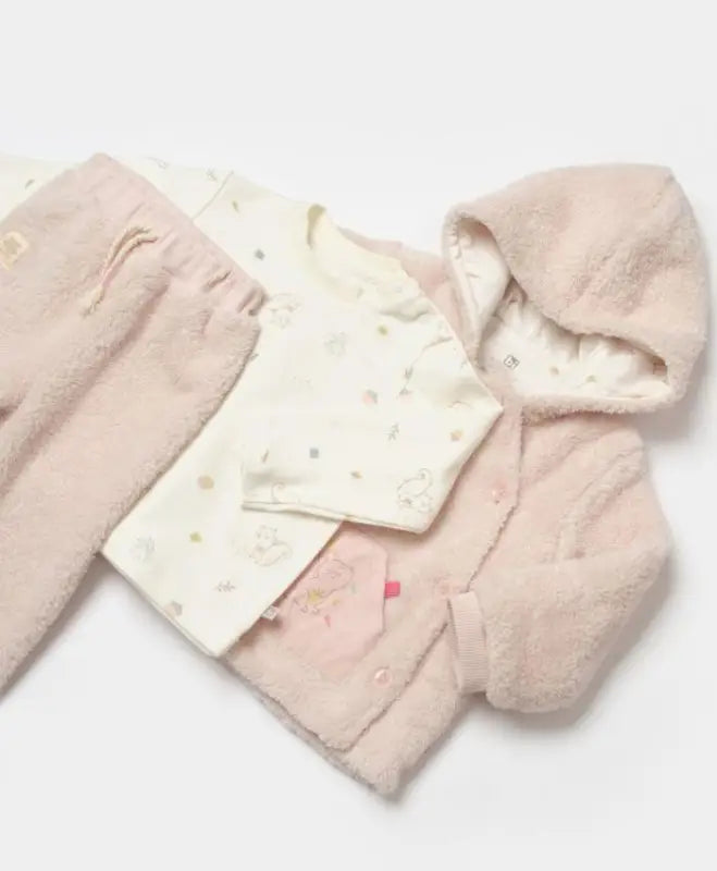 Kız Çocuk Peluş Yandan Düğmeli Kapşonlu Kanguru Cepli Kedi Baskılı 3Lü Takım - Bebek Giyim/Kız Bebek Giyim/Kız Bebek