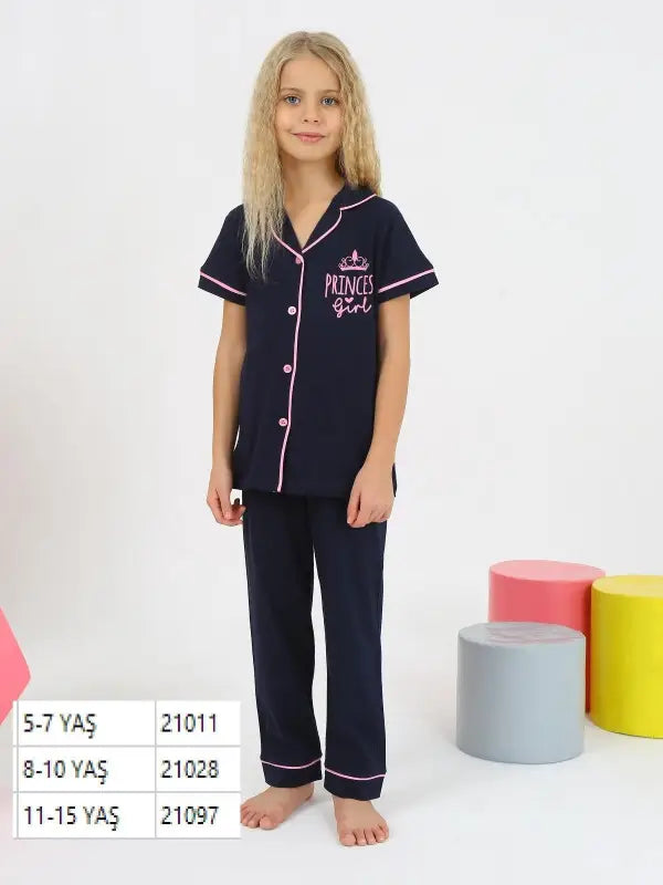 Kız Çocuk Pijama Takımı - Önden Düğmeli Pijama Takımı | 4-7 Yaş | Siyah - Kız Çocuk Giyim/Kız Çocuk Pijama Takımları