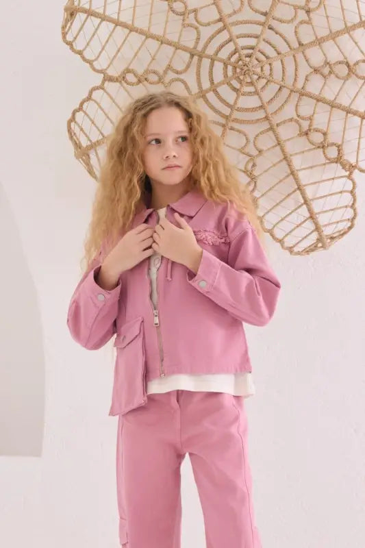 Kız Çocuk Pudra Pembe Fermuarlı Utility Takım – Cep Detaylı Ceket & Elastik Pantolon | 8-12 Yaş - Kız Çocuk Giyim/Kız