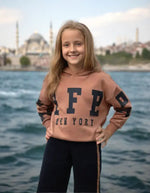 Kız Çocuk Rfe Newyork Yazılı Kapşonlu Kahve Renk Eşofman Takımı - Kız Çocuk Giyim/Kız Çocuk Takım