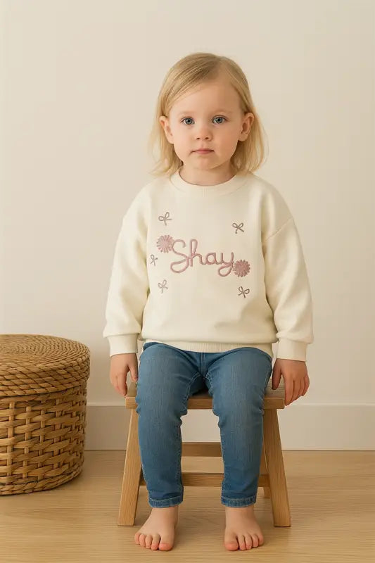 Kız Çocuk “Shay” Nakışlı Ekru Sweatshirt – Pudra Çiçek & Kurdele Detaylı 3 İplik (4-6 Yaş) - Kız Çocuk Giyim/Kız Çocuk