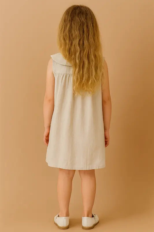 Kız Çocuk Sıfır Kollu - Yakası Çiçek Nakışlı -Önden Düğmeli Elbise - Kız Çocuk Giyim/Kız Çocuk Elbiseleri