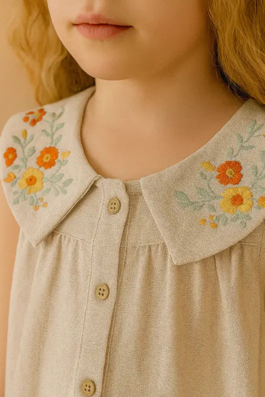 Kız Çocuk Sıfır Kollu - Yakası Çiçek Nakışlı -Önden Düğmeli Elbise - Kız Çocuk Giyim/Kız Çocuk Elbiseleri