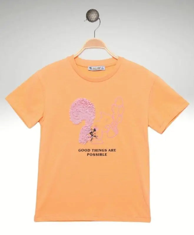 Kız Çocuk Sincap Nakışlı Kısa Kol Turuncu Renk Tişört - 3 -4 - 5 - 6 - 7 Yaş - Kız Çocuk Giyim/Kız Çocuk Tişört