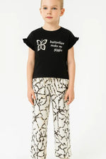 Kız Çocuk Siyah Renk - Kelebek Baskılı -Kolları Fırfırlı Tişörtlü- Karışık Desenli - Bel Kısmı Lastikli - Bol Paçalı