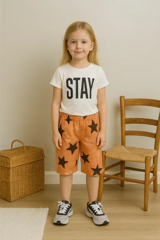 Kız Çocuk “Stay Positive” Takım – Beyaz Baskılı T-Shirt + Turuncu Yıldız Desenli Bermuda (5-8 Yaş) - Kız Çocuk