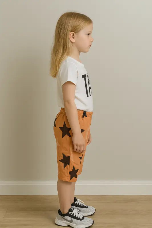 Kız Çocuk “Stay Positive” Takım – Beyaz Baskılı T-Shirt + Turuncu Yıldız Desenli Bermuda (5-8 Yaş) - Kız Çocuk