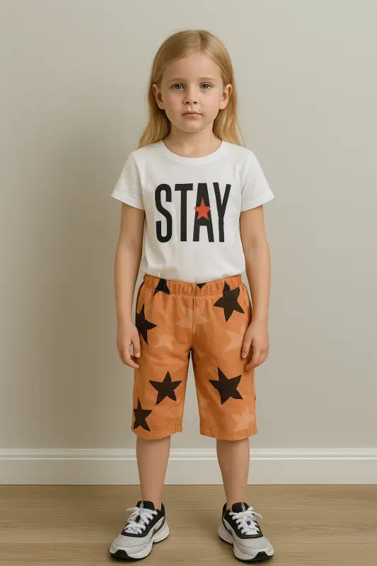 Kız Çocuk “Stay Positive” Takım – Beyaz Baskılı T-Shirt + Turuncu Yıldız Desenli Bermuda (5-8 Yaş) - Kız Çocuk