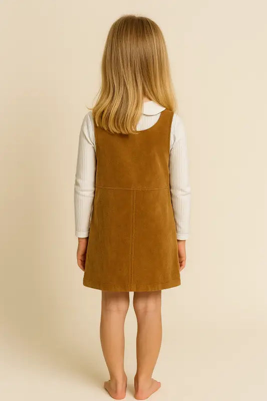 Kız Çocuk Süet Görünümlü Cepli Jumper Elbise & Fitilli Fırfır Yakalı Bluz Takımı – Karamel Kahverengi (5-7 Yaş) - Kız