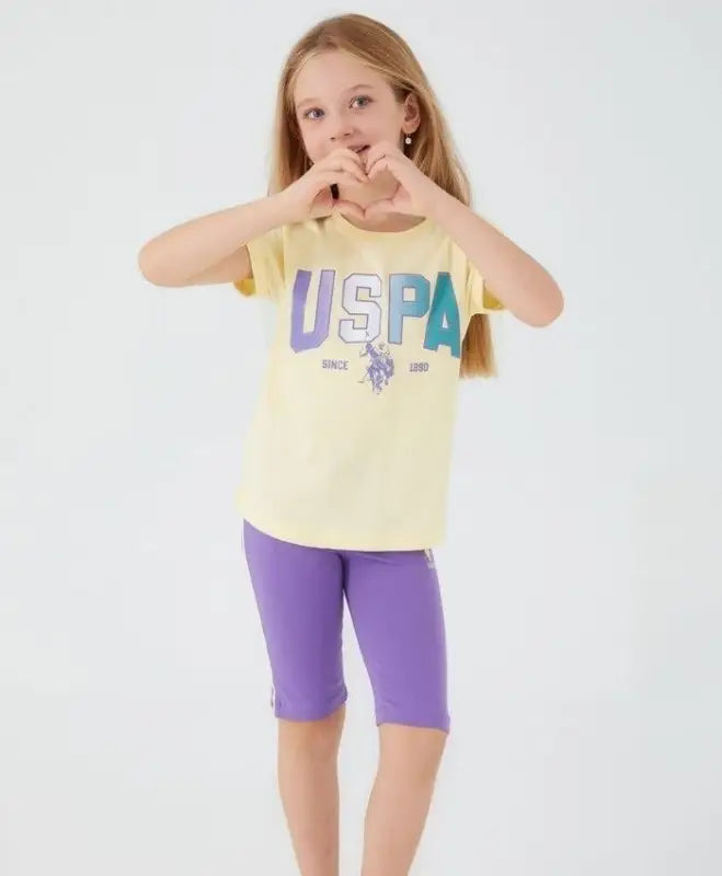 Kız Çocuk Takım | Tshirt & Kısa Tayt | 9 - 15 Yaş | Sarı & Mor - Kız Çocuk Giyim/Kız Çocuk Takım