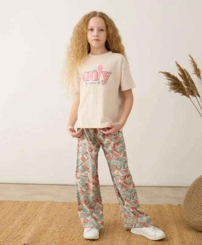 Kız Çocuk Tshirt Pantolon Takım | 9-12 Yaş | Taş & Pudra Renk - Kız Çocuk Giyim/Kız Çocuk Takım