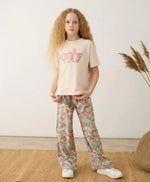 Kız Çocuk Tshirt Pantolon Takım | 9-12 Yaş | Taş & Pudra Renk - Kız Çocuk Giyim/Kız Çocuk Takım