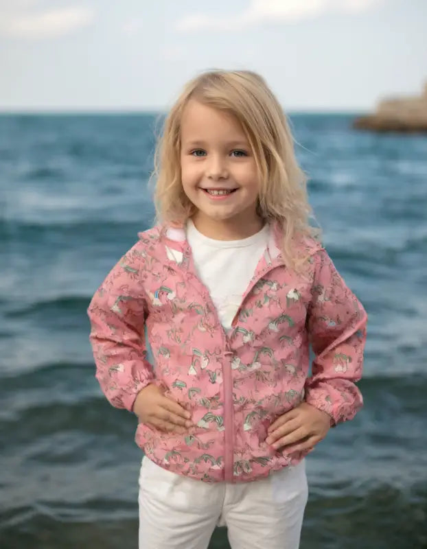 Kız Çocuk Unicorn Baskılı Cepli Kapşonlu Yağmurluk - Fermuarlı - Kapşonlu - Pudra Renk - 5-8 Yaş - Kız Çocuk Giyim/Kız