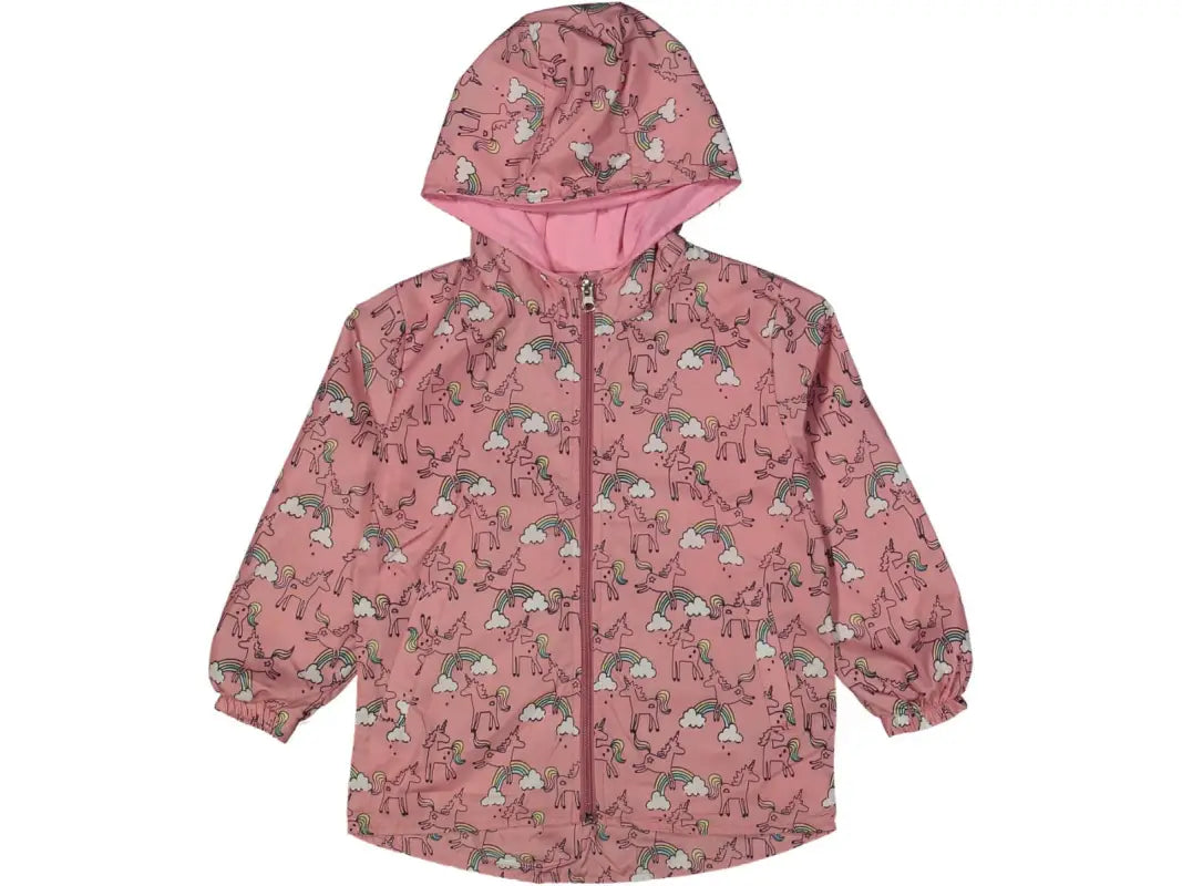 Kız Çocuk Unicorn Baskılı Cepli Kapşonlu Yağmurluk - Fermuarlı - Kapşonlu - Pudra Renk - 5-8 Yaş - Kız Çocuk Giyim/Kız