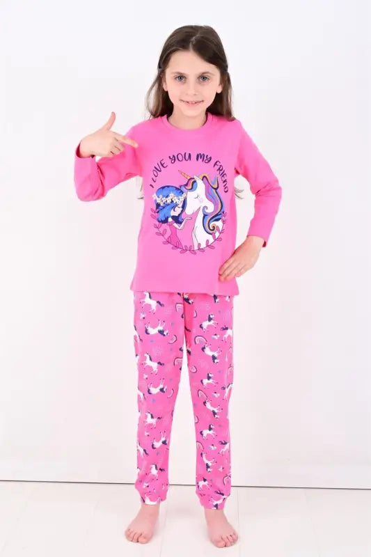 Kız Çocuk Unicornlu Love You My Frıend Yazılı Pamuklu Pembe Renk Pijama Tk. - Kız Çocuk Giyim/Kız Çocuk Pijama Takımları