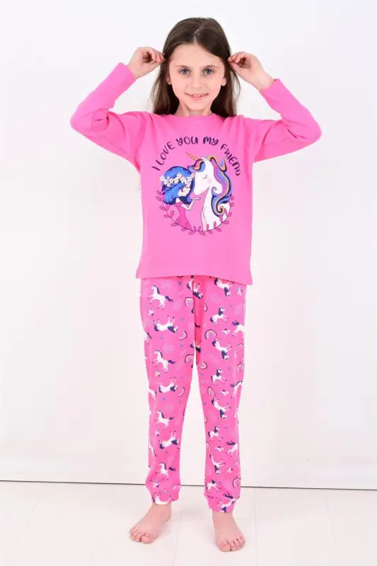 Kız Çocuk Unicornlu Love You My Frıend Yazılı Pamuklu Pembe Renk Pijama Tk. - Kız Çocuk Giyim/Kız Çocuk Pijama Takımları