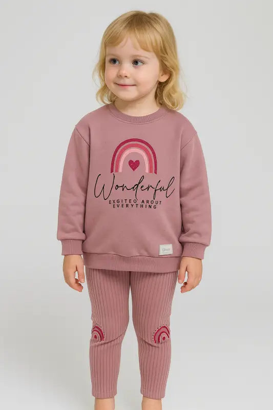 Kız Çocuk “Wonderful” Gökkuşağı Baskılı Pudra Lila Sweatshirt & Ribanalı Tayt Takımı | 3-6 Yaş Pamuklu Rahat Kesim
