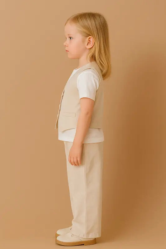 Kız Çocuk Yelekli - Kısa Kol Tişörtlü - Krem Renk - Pantolon Takım - Kız Çocuk Giyim/Kız Çocuk Takım