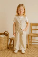 Kız Çocuk Yelekli - Kısa Kol Tişörtlü - Krem Renk - Pantolon Takım - Kız Çocuk Giyim/Kız Çocuk Takım
