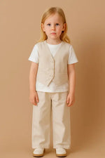 Kız Çocuk Yelekli - Kısa Kol Tişörtlü - Krem Renk - Pantolon Takım - Kız Çocuk Giyim/Kız Çocuk Takım