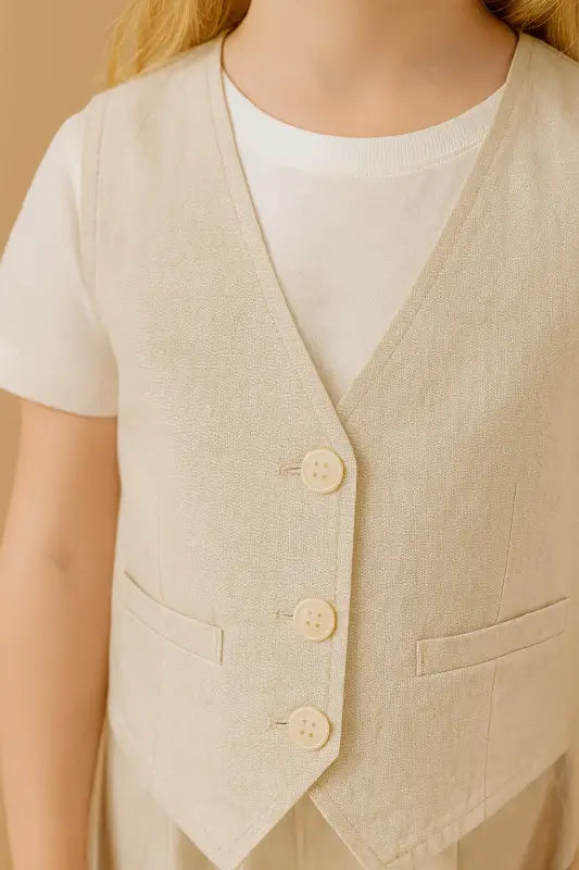 Kız Çocuk Yelekli - Kısa Kol Tişörtlü - Krem Renk - Pantolon Takım - Kız Çocuk Giyim/Kız Çocuk Takım