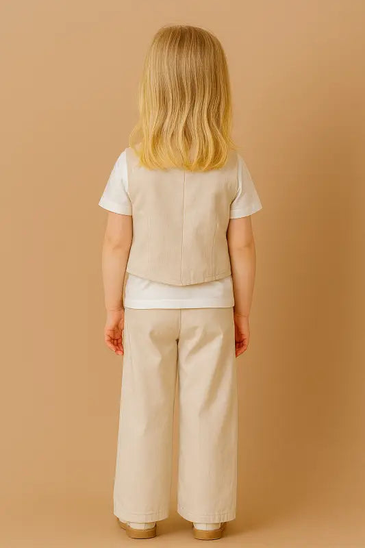 Kız Çocuk Yelekli - Kısa Kol Tişörtlü - Krem Renk - Pantolon Takım - Kız Çocuk Giyim/Kız Çocuk Takım