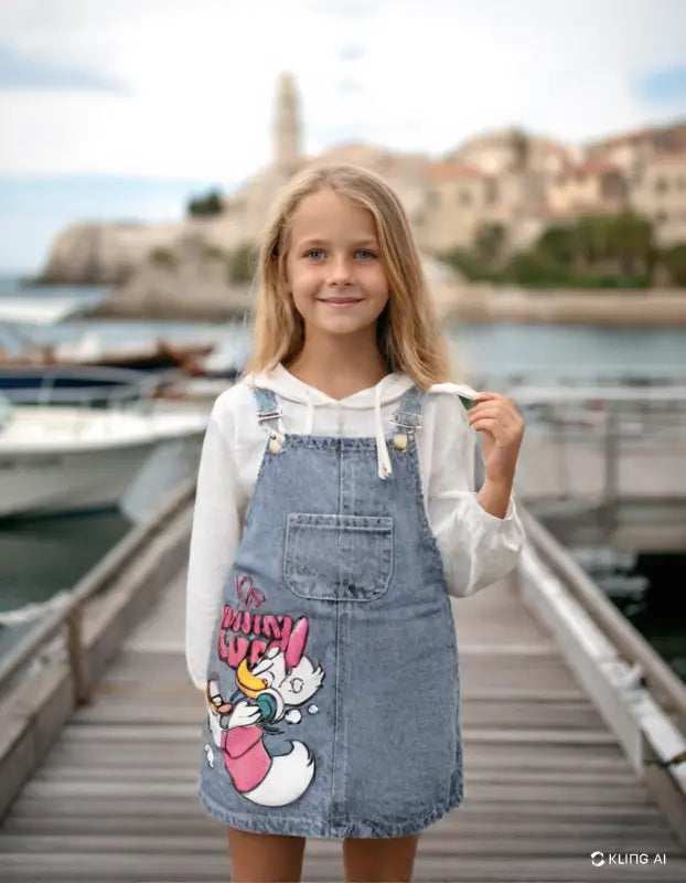 Kız Çocuk You Are Love Yazılı-Dufy Baskılı Cep Detaylı Kot Elbise-Kapşonlu Uzun Kollu -Sweatli Elbise Takım - Kız Çocuk