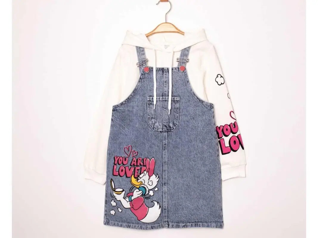 Kız Çocuk You Are Love Yazılı-Dufy Baskılı Cep Detaylı Kot Elbise-Kapşonlu Uzun Kollu -Sweatli Elbise Takım - Kız Çocuk